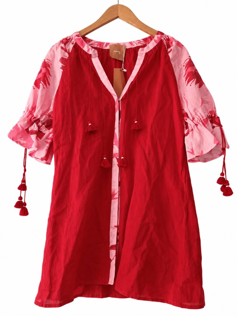 March 11 Red Linen Tunic with Pink Printed Sleeves and Tassel Ties